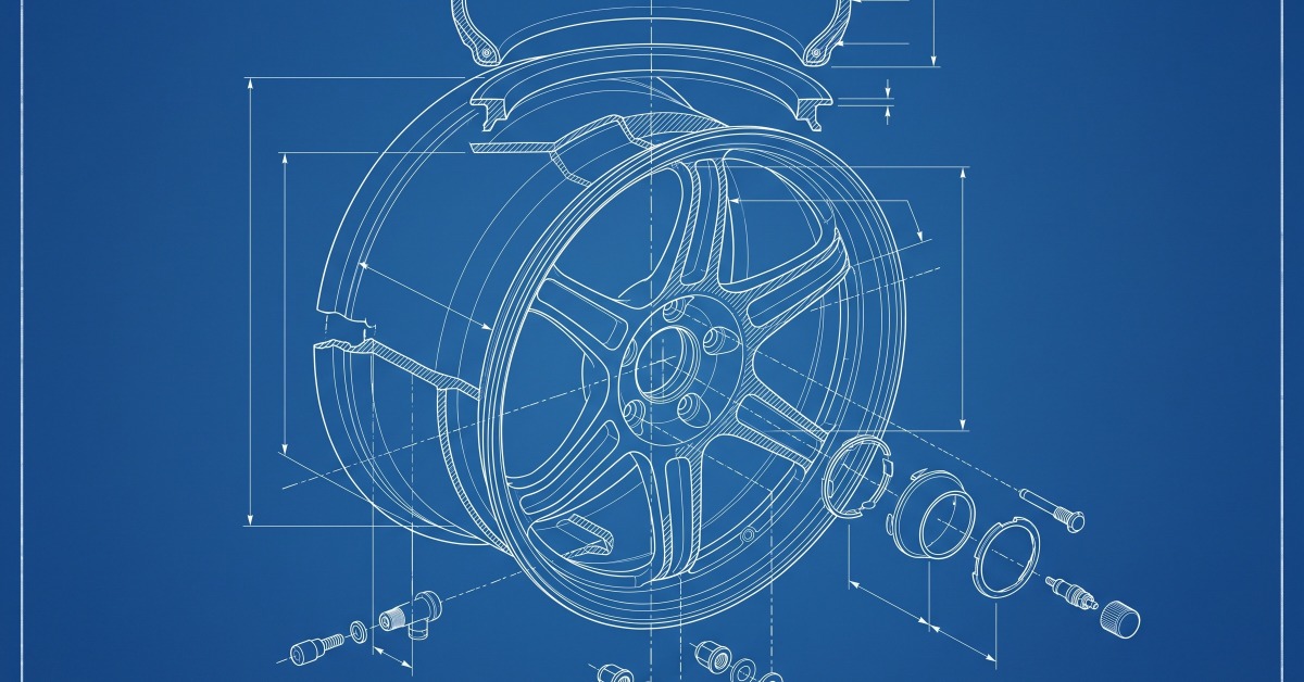 A blue technical blueprint showing an exploded car wheel assembly with a five-spoke rim, tire cross sections, and bolts.